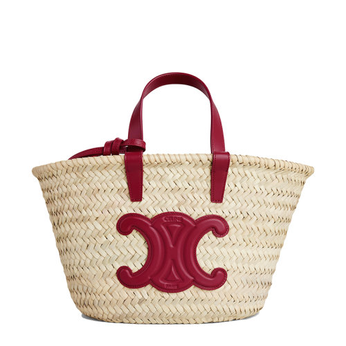 CELINE/赛琳 22新款TEEN TRIOMPHE系列 女士胭脂红色牛皮革棕榈叶编织凯旋印花手提单肩篮子包194002CGG.27CA