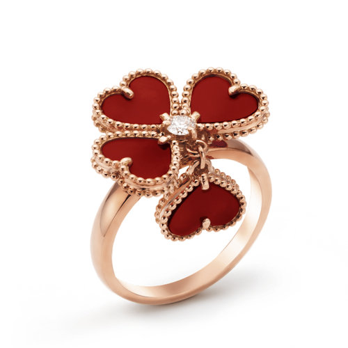Van Cleef & Arpels/梵克雅宝 18K金玫瑰金镶红玉髓桃心四叶草吊坠戒指/指环 VCARN5P600