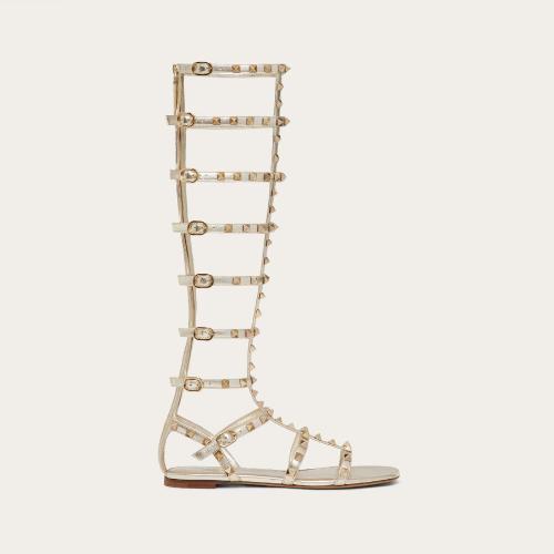 VALENTINO华伦天奴 22年秋冬 女士 平底凉鞋 SANDALES PLATES ROCKSTUD EN NAPPA MéTALLISé