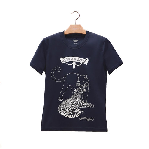 HERMES/爱马仕 22年秋冬新款 女士深蓝色棉质丛林动物图案印花圆领短袖T恤H2H4616DHTC34