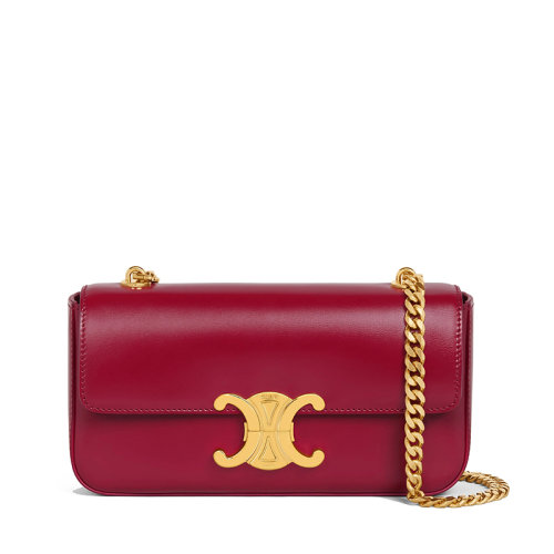CELINE/赛琳 22新款TRIOMPHE系列 女士胭脂红缎面牛皮革凯旋金扣金链单肩斜跨链条包197993BF4.27CA