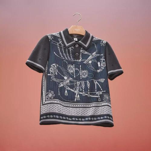 HERMES爱马仕 22年秋冬 女士 短袖衬衫 Pull Inspiration Polo twillaine imprime ??Harnais