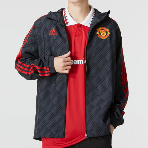 Adidas/阿迪达斯 22年秋冬 男款 曼联 足球 运动 休闲 舒适 连帽 夹克 外套 HE6650