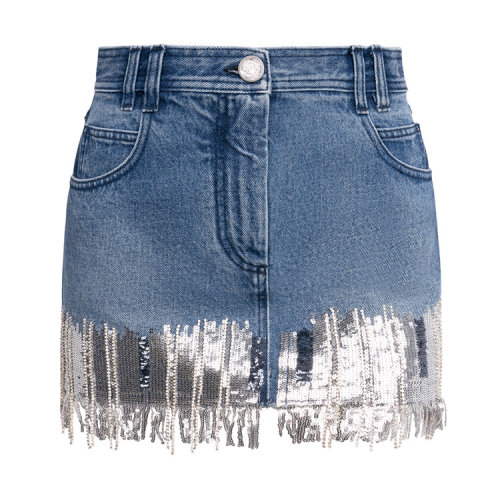 Balmain/巴尔曼 蓝色 女士流苏装饰牛仔短裙 TF14016D010 春夏