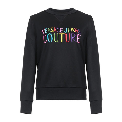 VERSACE JEANS/范思哲牛仔 女士黑色聚酯纤维混纺棉质经典字母徽标刺绣装饰圆领长袖上衣卫衣运动衫套头衫 B6HVB70G-30325-899