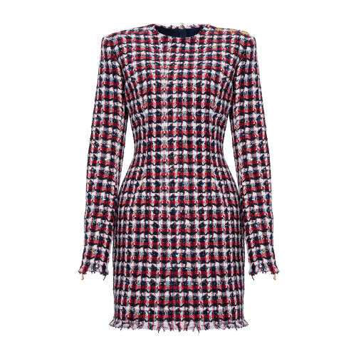 Balmain/巴尔曼 红色 女士千鸟格纹粗花呢连衣裙 UF06200C263 秋冬